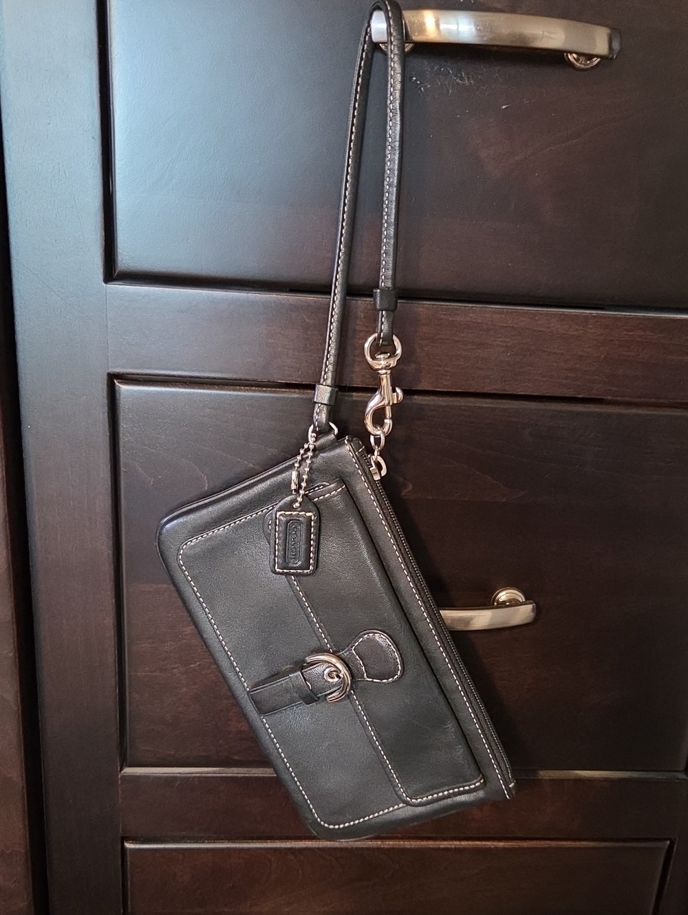 Coach Soho Black Leather Buckle Wristlet Clutch Pouch